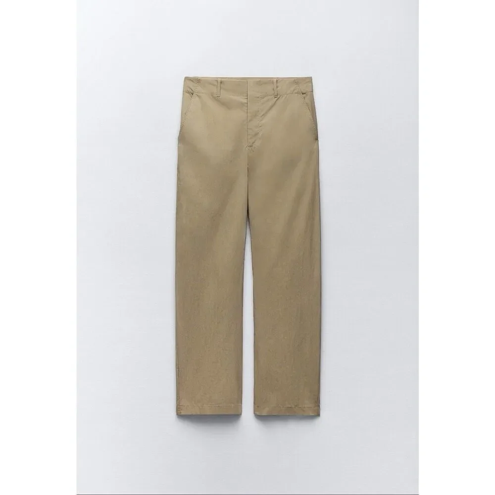 NWT Zara Straight Leg Lightweight Khaki Pants High Rise Stretch Casual Trousers